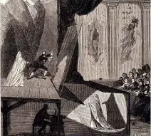  ??  ?? LEFT: An 1862 illustrati­on showing the set-up of the Pepper’s Ghost illusion.