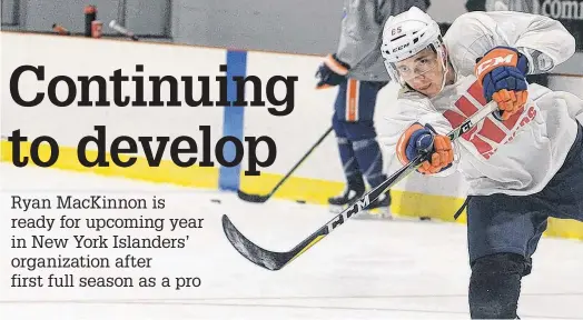  ?? JASON MALLOY/THE GUARDIAN ?? Former Notre Dame Hounds defenceman Ryan MacKinnon takes a shot during a skate with other pros, university and major junior players in August at the Pownal Sports Centre.