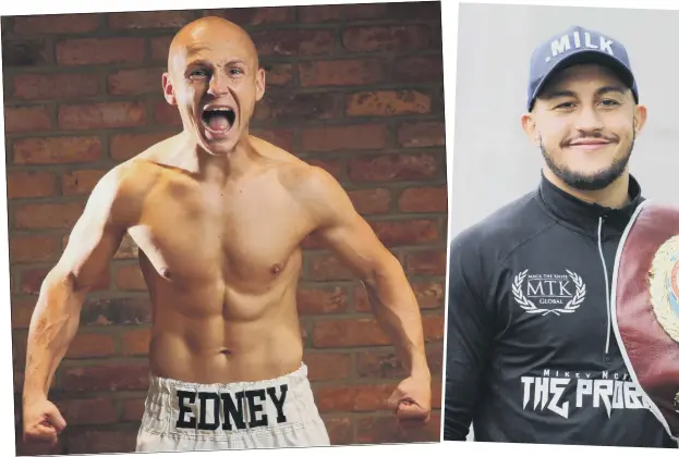  ??  ?? HUNGER TO SUCCEED Connor Edney, left, and Mikey McKinson, right, with one of his belts Inset: Harley Hodgetts is waiting to make his debut in the pro ranks