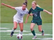  ?? STAFF PHOTO BY TROY STOLT ?? GPS junior midfielder Sasha Carbone, left, dribbles the ball during a state semifinal against Harpeth Hall on Thursday.