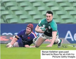  ??  ?? Ronan Kelleher goes past Bernard le Roux for an Irish try
Picture: Getty Images