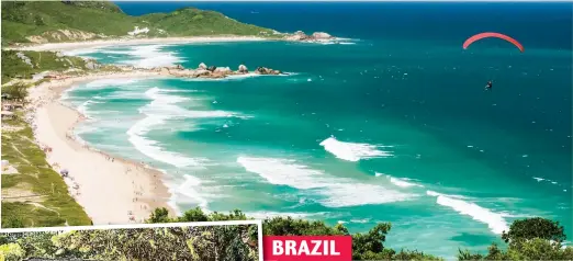  ?? ?? BRAZIL
Waves of joy: Praia Mole in Florianopo­lis on Santa Catarina island in Brazil and, left, Cabanas Praia Mole Florianopo­lis