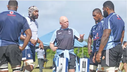  ?? Photo: Ronald Kumar ?? Vodafone Flying Fijians scrum coach Alan Muir (middle), with players during training in Suva.