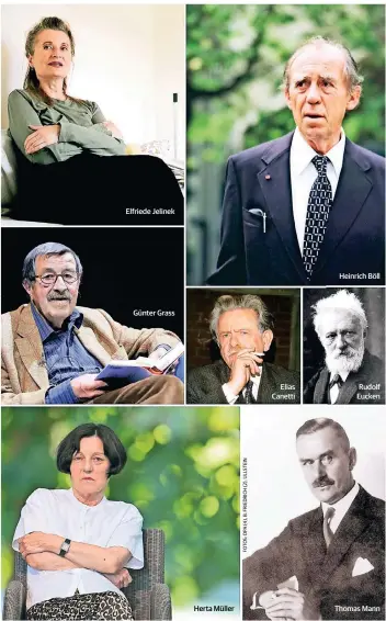  ??  ?? Elfriede Jelinek
Günter Grass
Herta Müller
Elias Canetti
Heinrich Böll
Rudolf Eucken
Thomas Mann