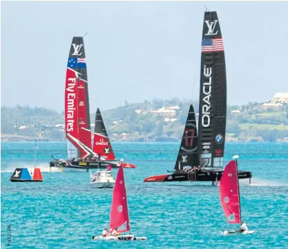  ??  ?? Emirates Team New Zealand and Oracle Team USA during practice ahead of this weekend’s races.