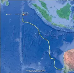  ??  ?? Path of ‘Challenger’ (in yellow) since its departure off Fremantle, Australia