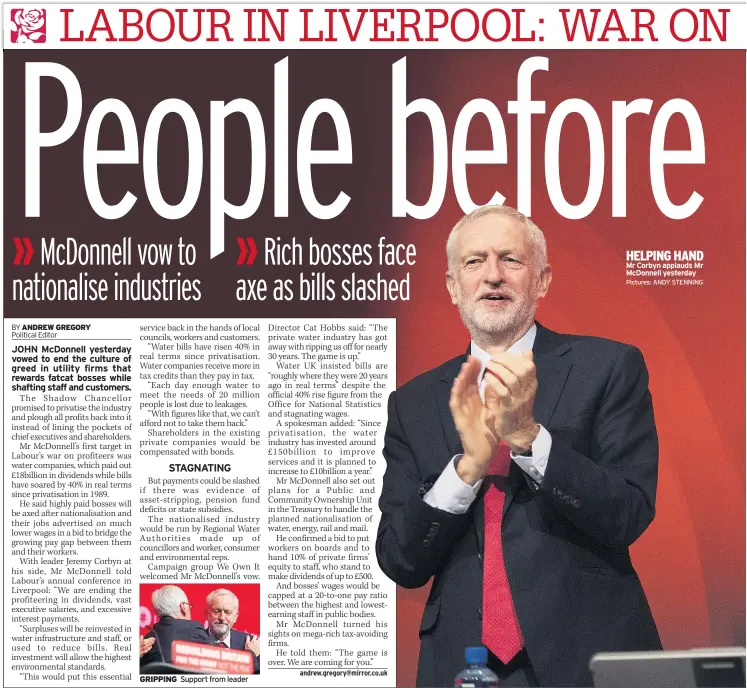  ??  ?? GRIPPING Support from leader HELPING HAND Mr Corbyn applauds Mr Mcdonnell yesterday Pictures: ANDY STENNING