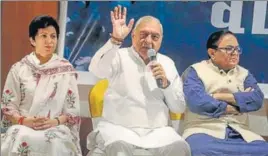  ?? PTI ?? Haryana Congress chief Kumari Selja, CLP leader Bhupinder Singh Hooda and party’s campaign committee in-charge Ajay Singh Yadav in Gurugram on Friday.