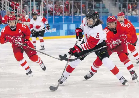  ?? BRUCE BENNETT/GETTY IMAGES ?? Rebecca Johnston of Sudbury, Ont., scored to help Team Canada to beat the Olympic Athletes from Russia 5-0 in a semifinal match at Gangneung Hockey Centre on Monday.