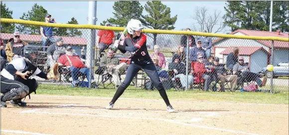  ??  ?? Freshman Lady Blackhawk Aidan Dayberry (No. 3) at bat Monday evening for the last home game of the season. The Lady ’Hawks defeated the West Fork Lady Tigers and are scheduled to play in the District Tournament Friday in Lincoln.