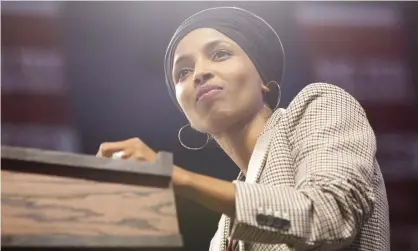  ??  ?? Ilhan Omar introduces Bernie Sanders at a rally in Minneapoli­s earlier this month. Photograph: Evan Frost/AP