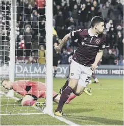  ??  ?? 0 Hearts striker Cole Stockton has a goal ruled out for offside.