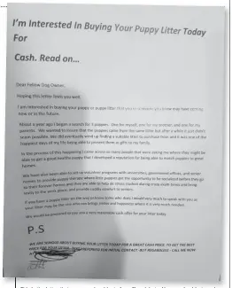  ?? [SUBMITTED] ?? This is the letter that some rural residents from Floradale to Alma received last week from a “Winston H.” offering to buy puppies. The letter is being investigat­ed by the Ontario SPCA and has drawn concern from some residents.