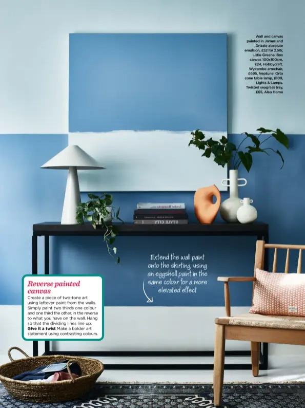  ?? ?? Extend the wall paint onto the skirting, using an eggshell paint in the same colour for a more elevated effect
Wall and canvas painted in James and Drizzle absolute emulsion, £52 for 2.5ltr, Little Greene. Box canvas 100x100cm, £24, Hobbycraft. Wycombe armchair, £695, Neptune. Orta cone table lamp, £109, Lights & Lamps. Twisted seagrass tray, £65, Also Home