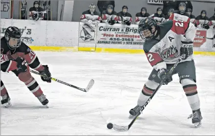  ?? DESIREE ANSTEY/JOURNAL PIONEER ?? Kensington Wild forward Dixon MacLeod, 22, looks to pass the puck while being defended by the Moncton Flyers’ Cole Cormier. The action took place during a New Brunswick/P.E.I. Major Midget Hockey League game in Kensington on Saturday night. The teams were tied 1-1 in the second period when play was suspended due to an unexpected power outage.