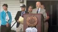  ?? MICHAEL GWIZDALA — MEDIANEWS GROUP ?? Troy Mayor Patrick Madden speaks during the unveiling of the “Herman Melville Way” sign.