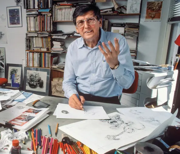  ?? ?? Après une longue panne de créativité, souffrant de dépression, André Franquin, ici dans son atelier de l’avenue
Van Becelaere, à Bruxelles, s’amuse comme un «Tifou» en dessinant son nouvel univers, avec un enthousias­me juvénile, dit la chronique de l’époque.