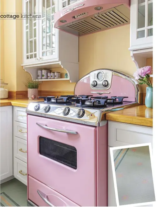  ??  ?? |ABOVE| Sometimes installing appliances and cabinetry can be a bit tricky. In this case, the stove fit just right, with a slight modificati­on. “The chrome piece where the dials are comes out a little bit, so the two top drawers were sanded so as to not scrape against the stove,” Sara says. |ABOVE RIGHT| The whimsical tile flooring with its small pink daisies, custom made and shipped from France, reflects Sara’s fun style. However, installing the floor was a bit of a challenge. “The tile was difficult to lay because when they went to peel the backer off the tile, some hexagons came off,” Susan says. “Some pieces had to be hand laid.”