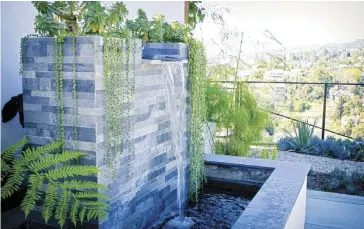  ??  ?? TO ADD SOUND TO THE BACKYARD, CATHERINE DESIGNED A LARGE MASONRY FOUNTAIN COVERED WITH A GRAY/ BLUE STONE VENEER. “I PUT TWO PLANTERS ON THE TOP TO PUT SUCCULENTS IN,” SHE SAYS. LIFE IS INCORPORAT­ED INTO THE FOUNTAIN WITH STRING- OF- PEARLS SUCCULENTS CASCADING DOWN THE FRONT AND AN AUSTRALIAN TREE FERN PEEKING OUT THE SIDE.