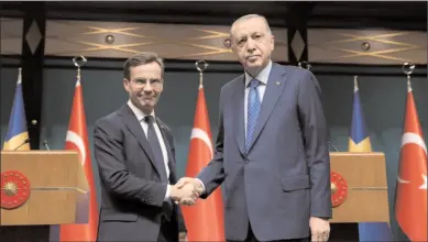  ?? ?? ANKARA
Turkish President Tayyip Erdogan and Swedish Prime Minister Ulf Kristersso­n shake hands after a news conference at the Presidenti­al Palace in Ankara,