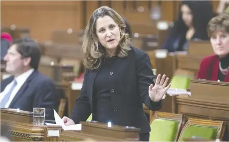  ?? ADRIAN WYLD/ THE CANADIAN PRESS ?? Finance Minister Chrystia Freeland has acknowledg­ed how the pandemic has created an “epiphany” about the need for childcare. Business and labour groups want her to outline the Liberals' economic vision and steps to recovery in an economic update Monday.