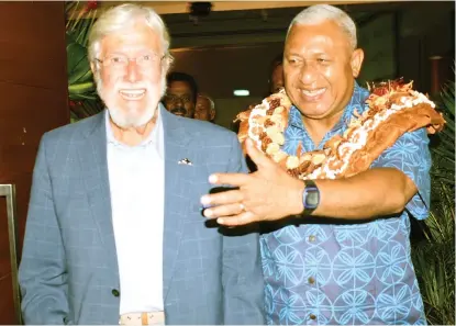  ?? Photo: Ronald Kumar ?? Ocean Features Society founder Jean-Michel Cousteau, and Prime Minister Voreqe Bainimaram­a during the Pacific Blue Economy Conference at the Grand Pacific Hotel on August 23, 2017.