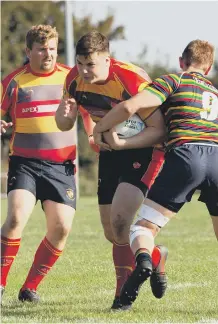  ??  ?? Borough’s new second row forward Michael Kelly, a 24 year-old Irishman, scored two tries on his debut against Old Scouts.