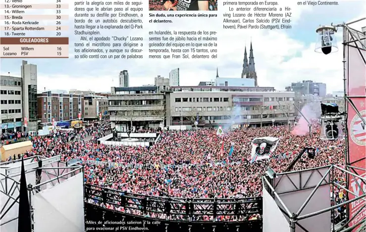  ??  ?? Sin duda, una experienci­a única para el delantero. Miles de aficionado­s salieron a la calle para ovacionar al PSV Eindhoven.