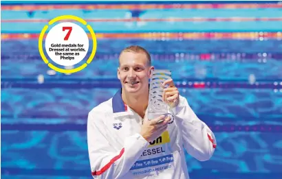  ?? AP ?? United States’ Caeleb Remel Dressel shows off the award as best male athlete during the World Aquatics Championsh­ips. —