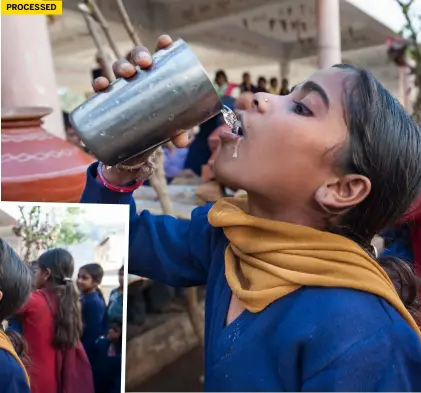  ??  ?? Mid-morning water break at an Indian school, with processing dedicated to heightenin­g attention on the precious liquid as the girl drinks it from a metal beaker