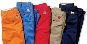  ??  ?? Want to show your school spirit and keep your swagger? Dockers men’s Game Day khakis, which first appeared last year, now include 44 schools, including the University of Arkansas.