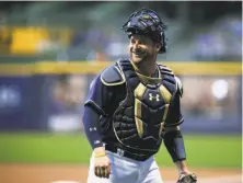  ?? Dylan Buell / Getty Images 2017 ?? After 41⁄2 seasons with the A’s, catcher Stephen Vogt joined the Brewers for the last half of 2017. He didn’t play last season.