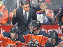  ?? ED KAISER/POSTMEDIA NEWS ?? Edmonton Oilers head coach Dave Tippett talking to his players while playing the Calgary Flames during pre-season NHL action at Rogers Place in Edmonton on Sept. 20, 2019.