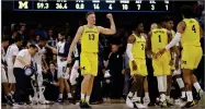  ?? AP PHOTO BY MATT SLOCUM ?? Michigan’s Ignas Brazdeikis reacts after being fouled during the first half of a game against Villanova, Wednesday, Nov. 14, in Villanova.