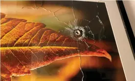  ??  ?? A bullet hole is seen in a framed photograph hanging on a wall following a shooting that happened at a neighbouri­ng unit, in Toronto, Canada, on Tuesday. Photograph: Canadian Press/Rex/Shuttersto­ck