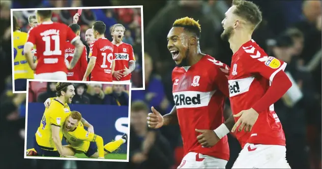  ?? PICTURE: MI News & Sport ?? GREAT BRITT: Britt Assombalon­ga celebrates his equaliser and, inset, Mo Besic gets a red card and Blackburn’s Charlie Mulgrew celebrates his goal