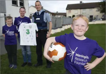  ??  ?? Callum and Johno Keane, Garda John Thompson and Kayden Keane launching the third annual Keelan O’Connor charity match, which takes place in Bray today (Wednesday, October 24).