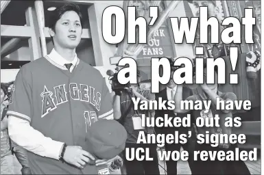  ?? AP ?? ANGEL SOFT: Shohei Ohtani was introduced on Saturday after choosing to sign with the Angels, who apparently knew when they inked the deal, that the pitcher/hitter has a UCL problem.