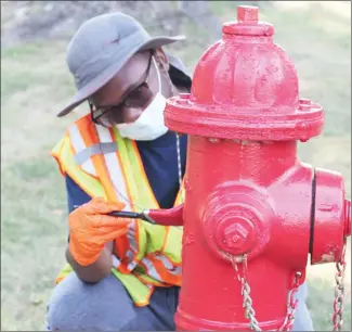  ?? Brodie Johnson • Times-Herald ?? Today was the last day for East Arkansas Region Summer Youth Employment Initiative students who found work with local businesses and services this Summer. Bryant Phillips, a senior from Forrest City High School works to paint a fire hydrant for the Forrest City Fire Department.