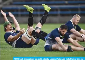  ??  ?? TOKYO: South Africa’s players take part in a training session at Fuchu Asahi Football Park in Tokyo yesterday, ahead of their Japan 2019 Rugby World Cup semi-final against Wales.—AFP