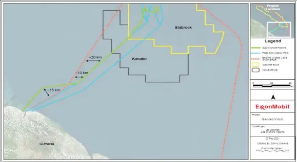  ??  ?? A map showing the approximat­e route for the offshore pipeline (Source: EEPGL Gas to Energy Project Summary)