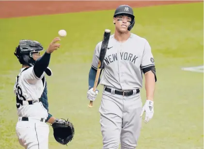  ?? CHRIS O’MEARA/AP ?? The Yankees’ Aaron Judge looks on during the during the fifth inning against the Rays on Saturday in St. Petersburg, Florida.