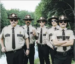  ?? 20TH CENTURY FOX ?? Kevin Heffernan, left, Jay Chandrasek­har, Erik Stolhanske, Paul Soter and Steve Lemme are as inane as ever in the funny Super Troopers 2, which sets up a war between Canadians and Americans.
