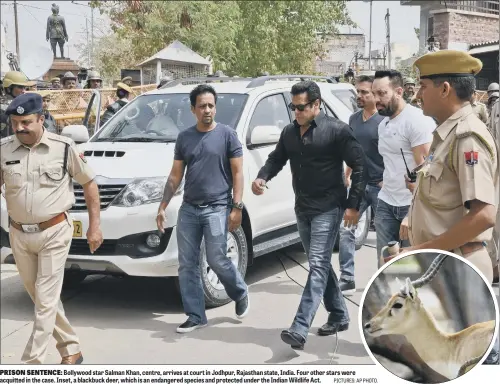  ??  ?? Bollywood star Salman Khan, centre, arrives at court in Jodhpur, Rajasthan state, India. Four other stars were acquitted in the case. Inset, a blackbuck deer, which is an endangered species and protected under the Indian Wildlife Act.