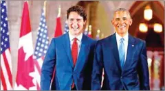  ?? CHRIS ROUSSAKI/AFP ?? Former US president Barack Obama urged Canadian voters to back Prime Minister Justin Trudeau for another term.