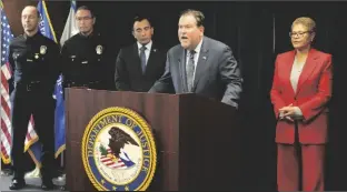  ?? DAMIAN DOVARGANES/AP ?? JEFFREY ABRAMS, REGIONAL DIRECTOR OF ANTI-DEFAMATION LEAGUE, ADL Los Angeles, at podium, denounces anti-semitism and hate crimes at a news conference at the U.S. Attorney’s Office Central District of California offices in Los Angeles on Friday.