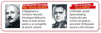  ??  ?? L’ingegnereL­ingegnere e ministro fascista Giuseppe Belluzzo: disse di aver preso parte a un progetto di dischi volanti. L’ufficialeL­ufficiale Jacob Sporrenber­g, impiccato per crimini di guerra: secondo Witkowski lavorò a Die Glocke. UN MINISTRO ITALIANO DALLA GLOCKE