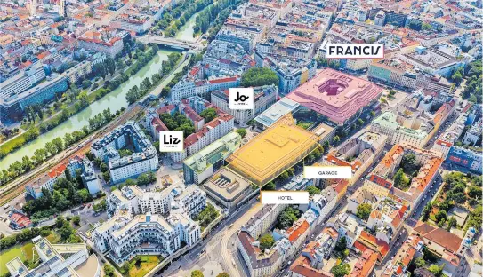  ?? [ 6B47 ] ?? So soll das Althanquar­tier aussehen: Die einzelnen Gebäudekom­plexe des Projekts bekommen eigene Namen wie „Francis“, „Jo Living“und „Liz Living“.