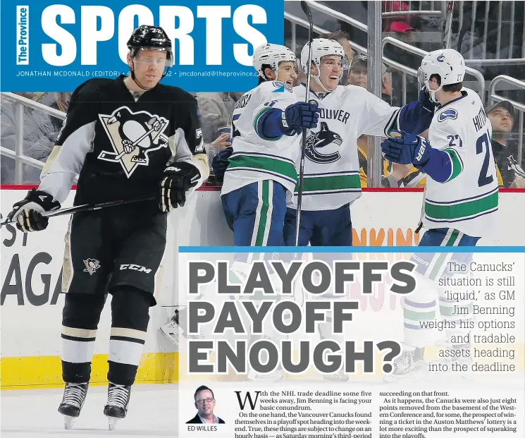  ?? — GETTY IMAGES ?? Vancouver’s Bo Horvat celebrates his third-period goal against the Penguins on Saturday in Pittsburgh. Pittsburgh won 5-4 after the Canucks blew a 3-1 lead in the final frame. See pages 64-65 for game coverage.