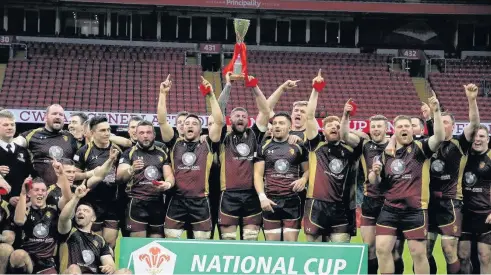  ??  ?? RGC celebrate their amazing WRU National Cup Final victory over Pontypridd at the Millennium Stadium last Sunday